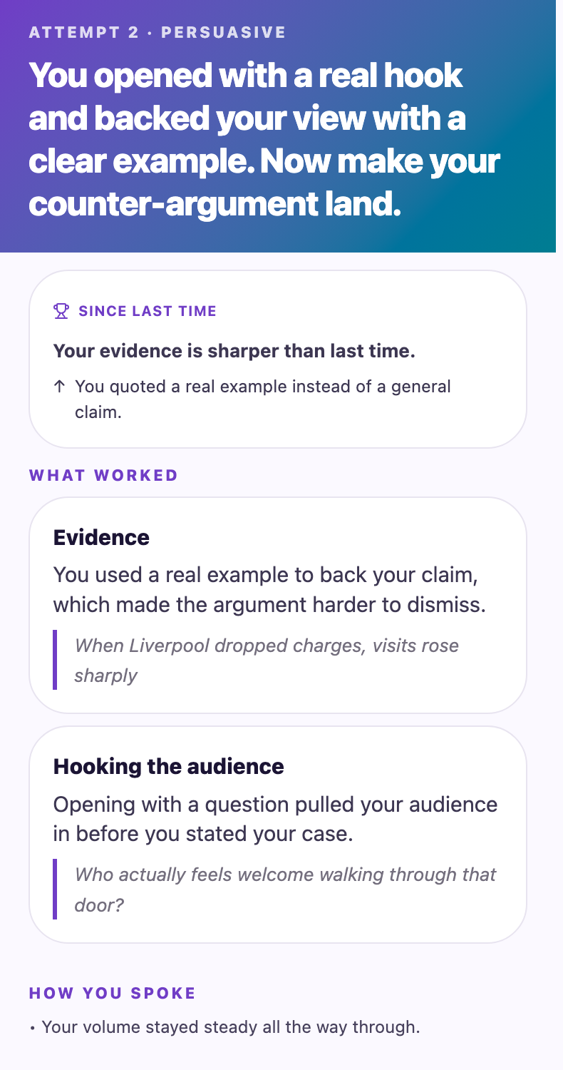 An Elliqo feedback screen for a Year 10 persuasive speech